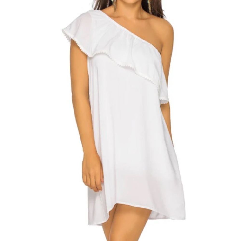 1. State white one shoulder ruffle cotton mini sheath dress